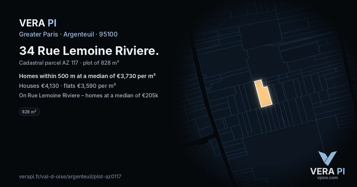 34 Rue Lemoine Riviere, Argenteuil at night – the plot lit, the parcels around coloured by the prices near them