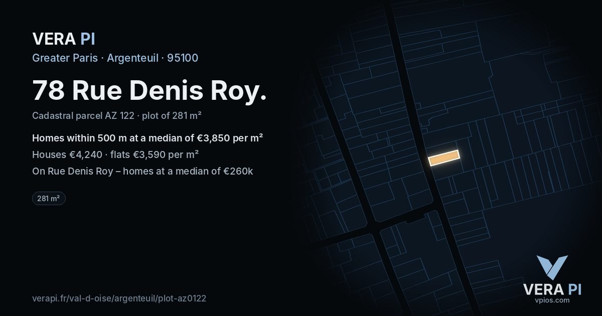 78 Rue Denis Roy, Argenteuil at night – the plot lit, the parcels around coloured by the prices near them