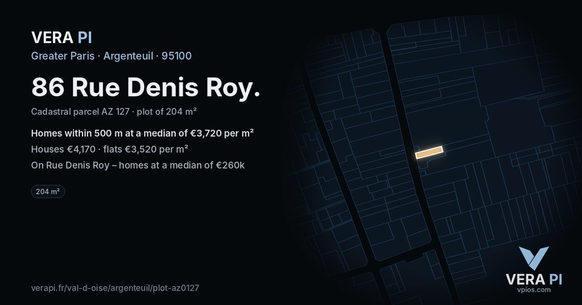 86 Rue Denis Roy, Argenteuil at night – the plot lit, the parcels around coloured by the prices near them