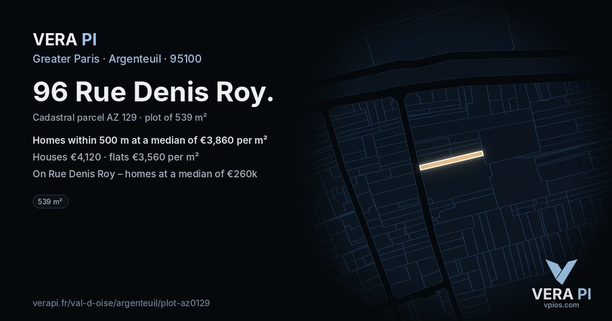 96 Rue Denis Roy, Argenteuil at night – the plot lit, the parcels around coloured by the prices near them