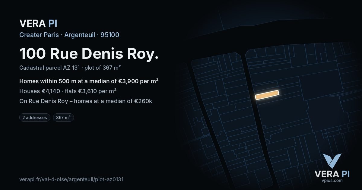 100 Rue Denis Roy, Argenteuil at night – the plot lit, the parcels around coloured by the prices near them