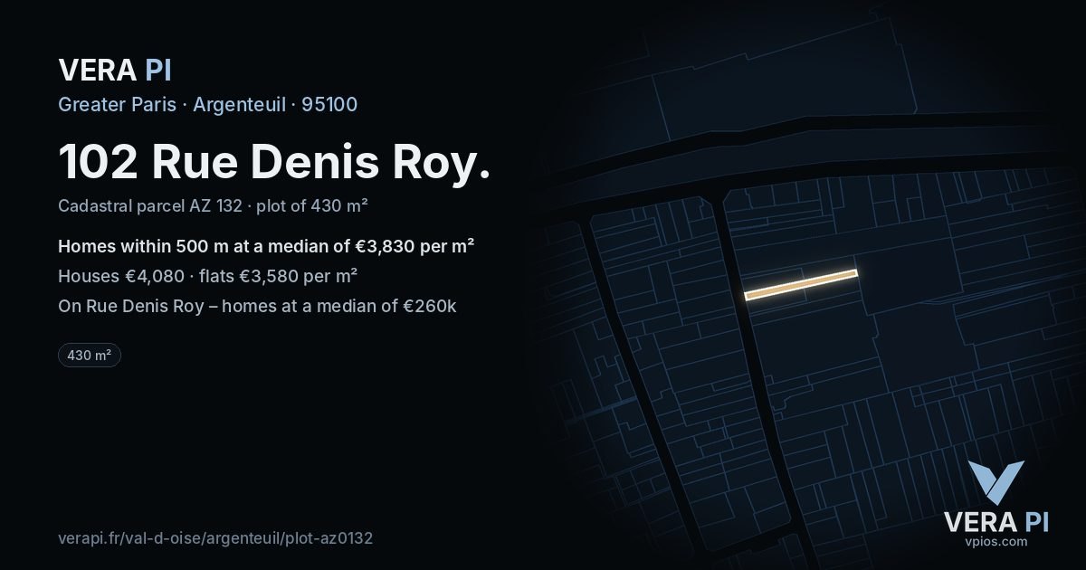 102 Rue Denis Roy, Argenteuil at night – the plot lit, the parcels around coloured by the prices near them