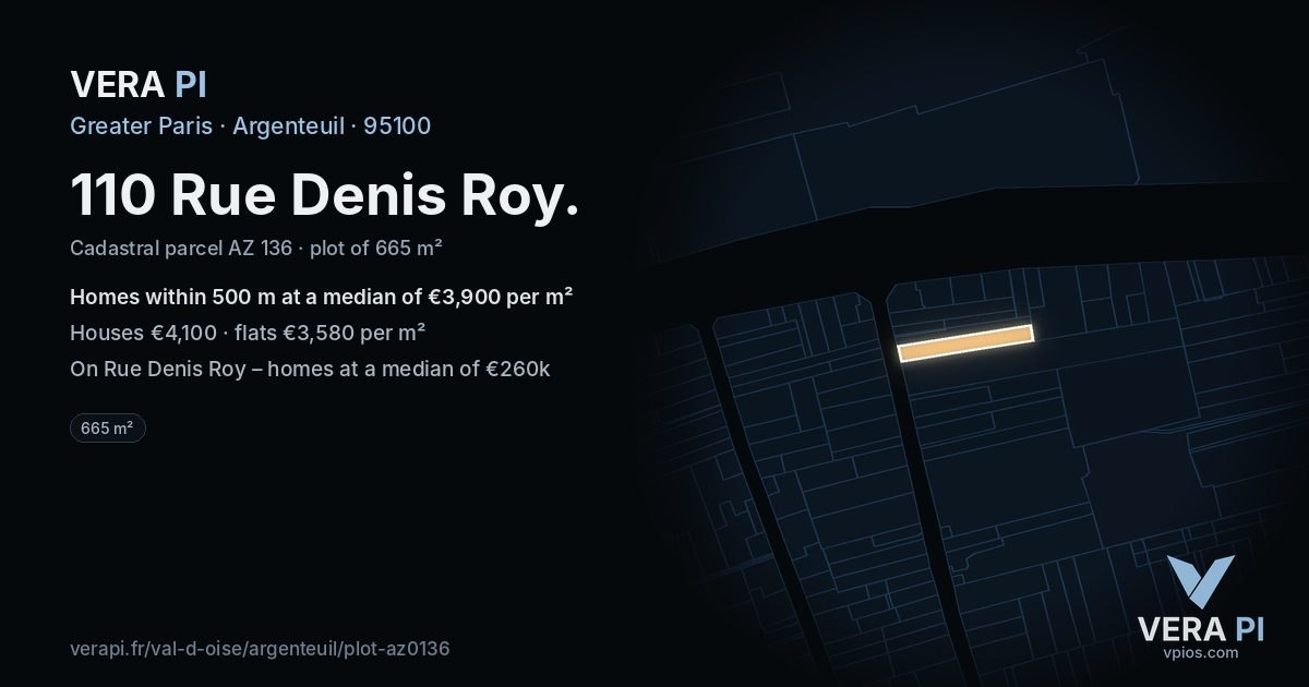 110 Rue Denis Roy, Argenteuil at night – the plot lit, the parcels around coloured by the prices near them