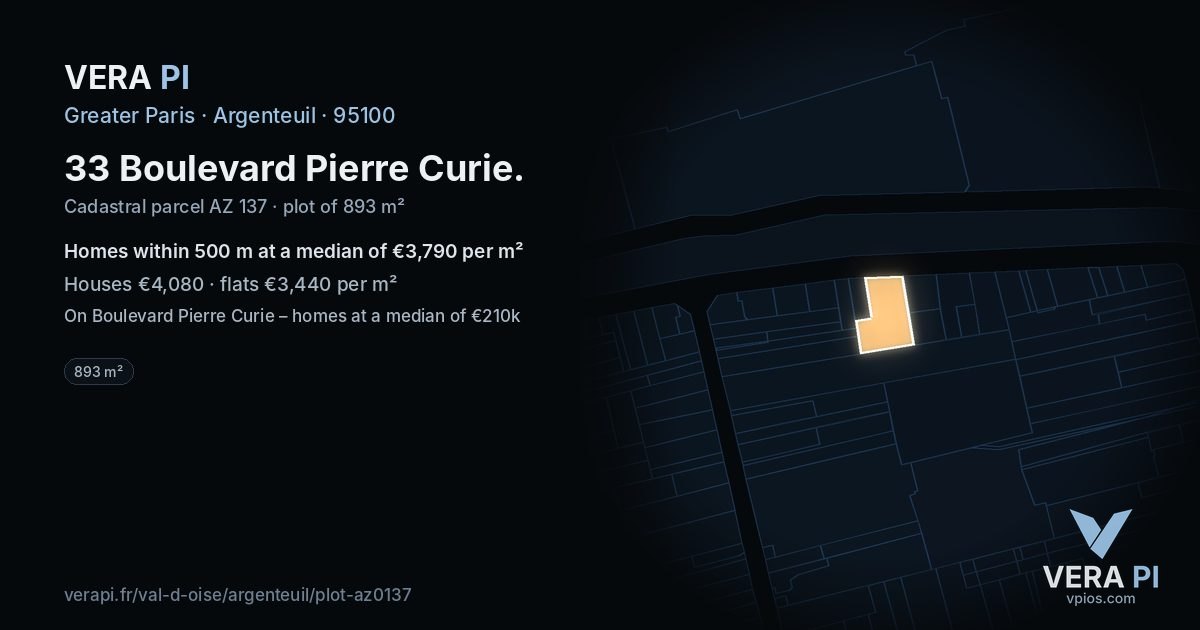 33 Boulevard Pierre Curie, Argenteuil at night – the plot lit, the parcels around coloured by the prices near them