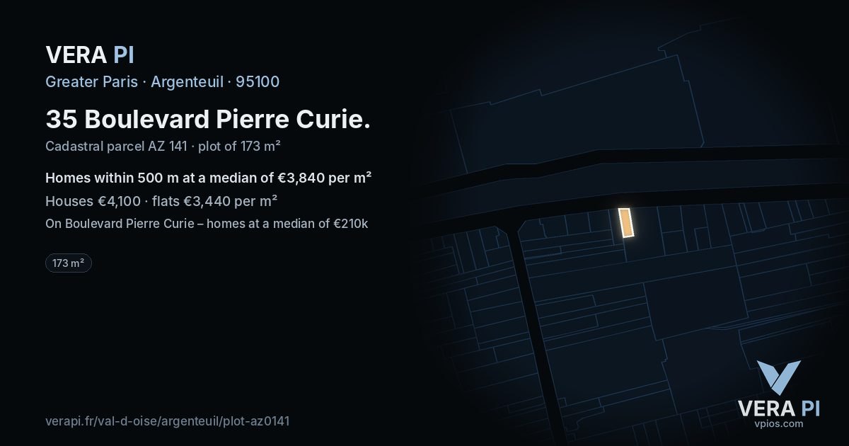 35 Boulevard Pierre Curie, Argenteuil at night – the plot lit, the parcels around coloured by the prices near them