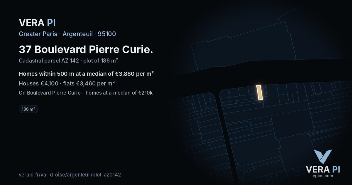 37 Boulevard Pierre Curie, Argenteuil at night – the plot lit, the parcels around coloured by the prices near them