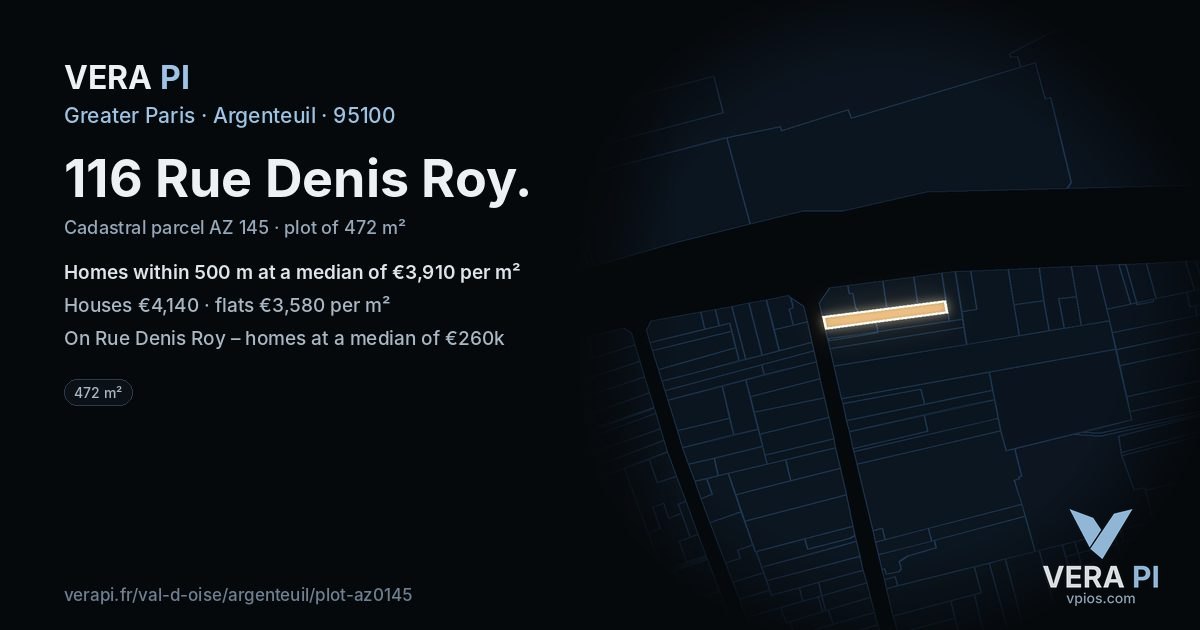 116 Rue Denis Roy, Argenteuil at night – the plot lit, the parcels around coloured by the prices near them