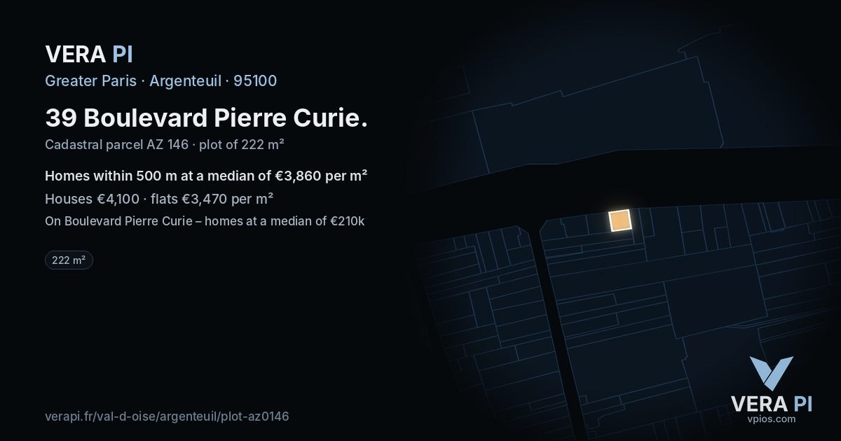 39 Boulevard Pierre Curie, Argenteuil at night – the plot lit, the parcels around coloured by the prices near them