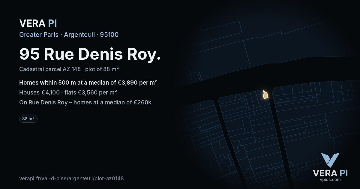 95 Rue Denis Roy, Argenteuil at night – the plot lit, the parcels around coloured by the prices near them