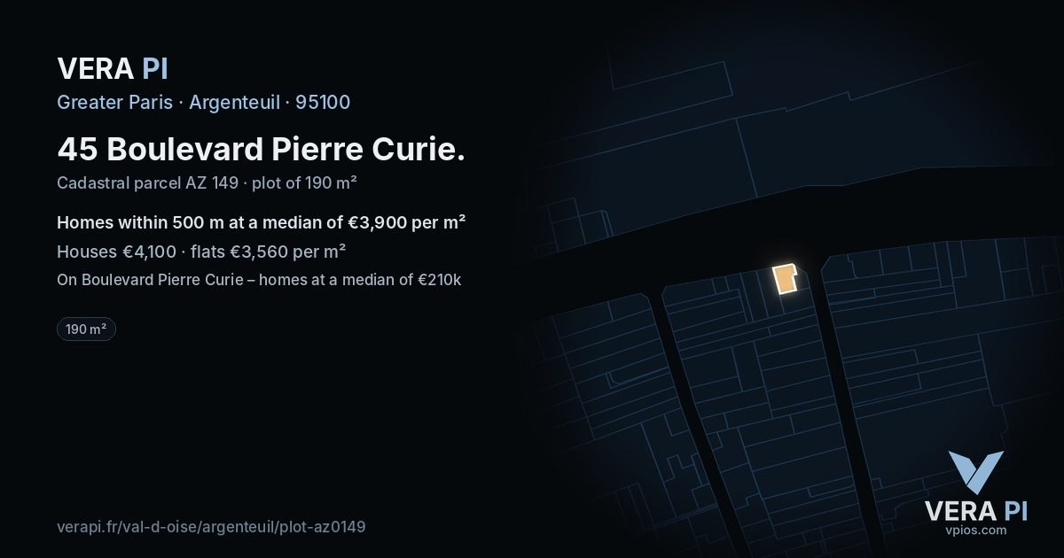 45 Boulevard Pierre Curie, Argenteuil at night – the plot lit, the parcels around coloured by the prices near them