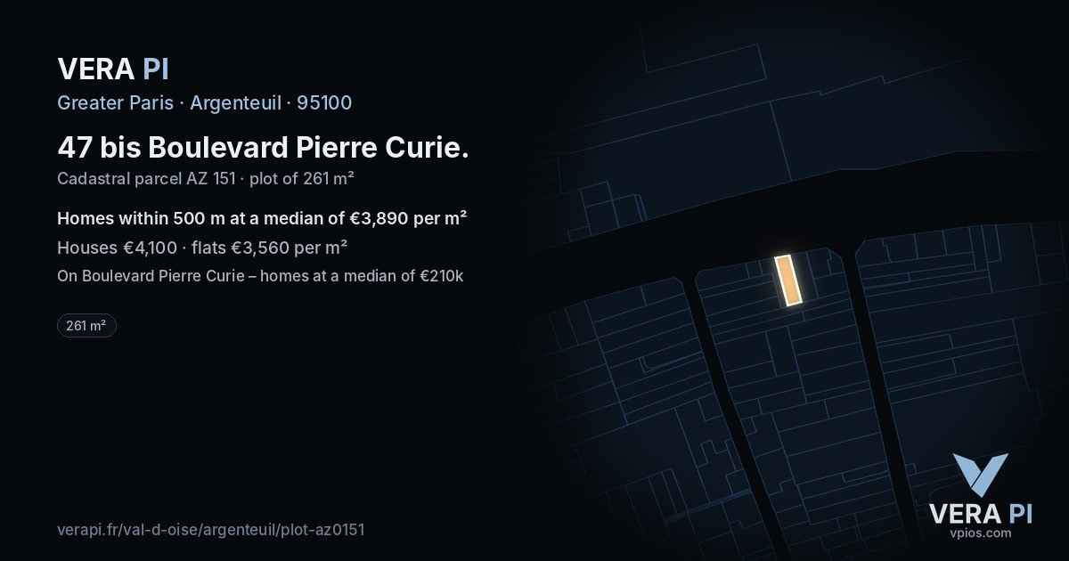 47 bis Boulevard Pierre Curie, Argenteuil at night – the plot lit, the parcels around coloured by the prices near them