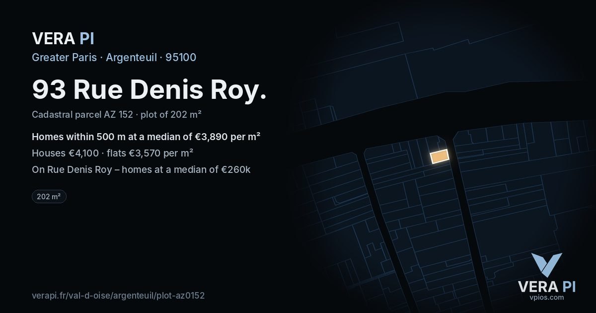 93 Rue Denis Roy, Argenteuil at night – the plot lit, the parcels around coloured by the prices near them