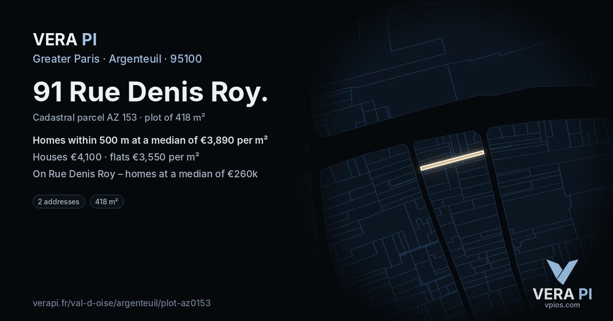 91 Rue Denis Roy, Argenteuil at night – the plot lit, the parcels around coloured by the prices near them