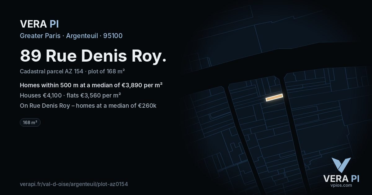 89 Rue Denis Roy, Argenteuil at night – the plot lit, the parcels around coloured by the prices near them