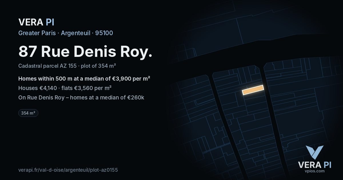 87 Rue Denis Roy, Argenteuil at night – the plot lit, the parcels around coloured by the prices near them