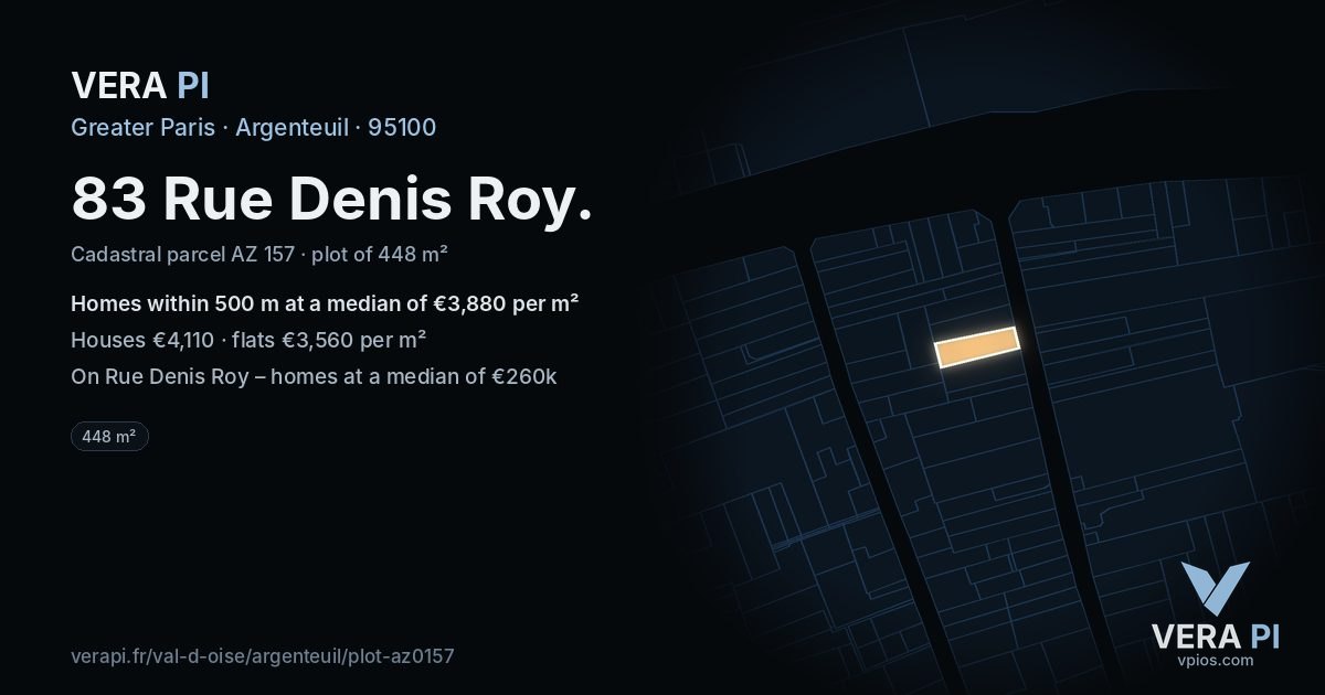 83 Rue Denis Roy, Argenteuil at night – the plot lit, the parcels around coloured by the prices near them