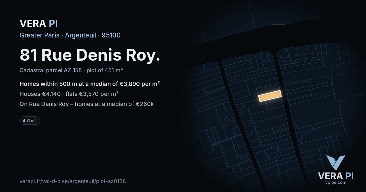 81 Rue Denis Roy, Argenteuil at night – the plot lit, the parcels around coloured by the prices near them