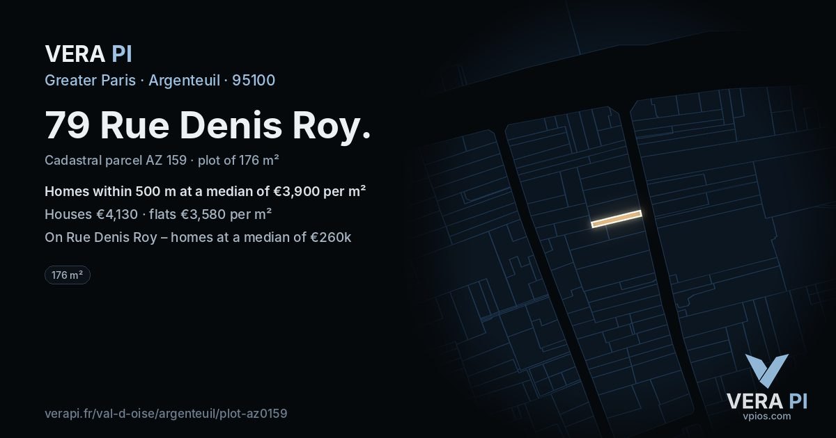79 Rue Denis Roy, Argenteuil at night – the plot lit, the parcels around coloured by the prices near them