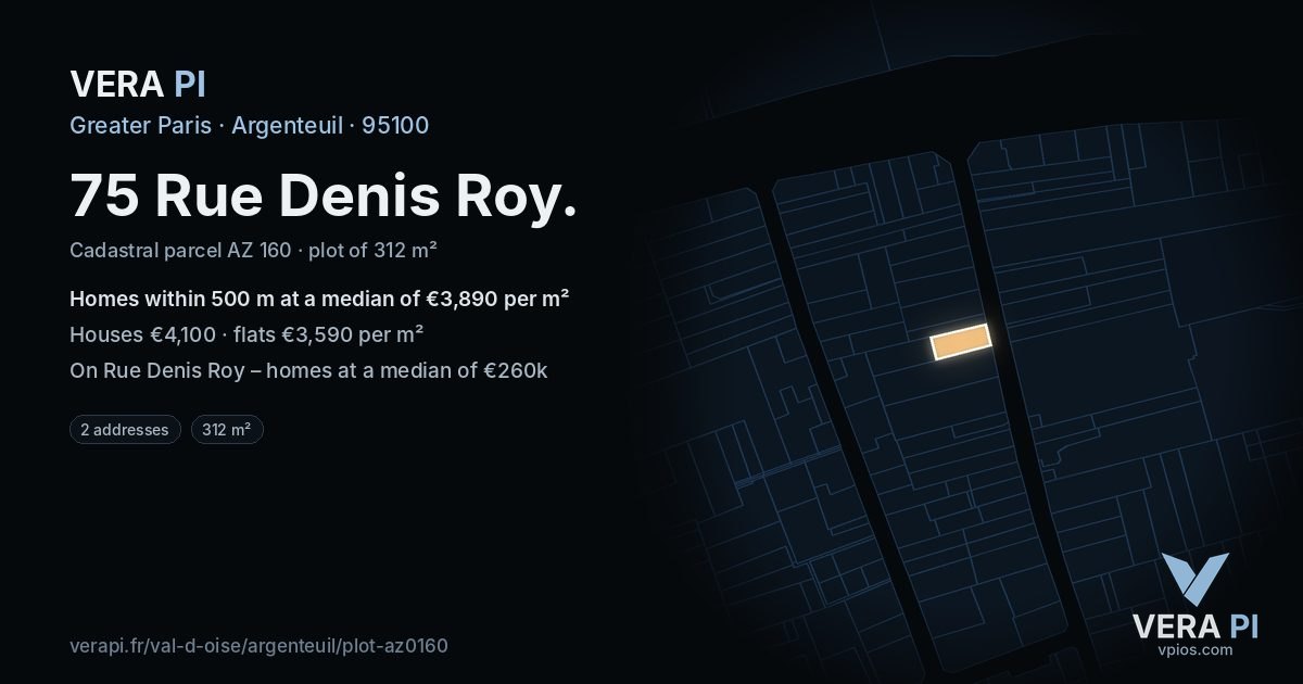 75 Rue Denis Roy, Argenteuil at night – the plot lit, the parcels around coloured by the prices near them