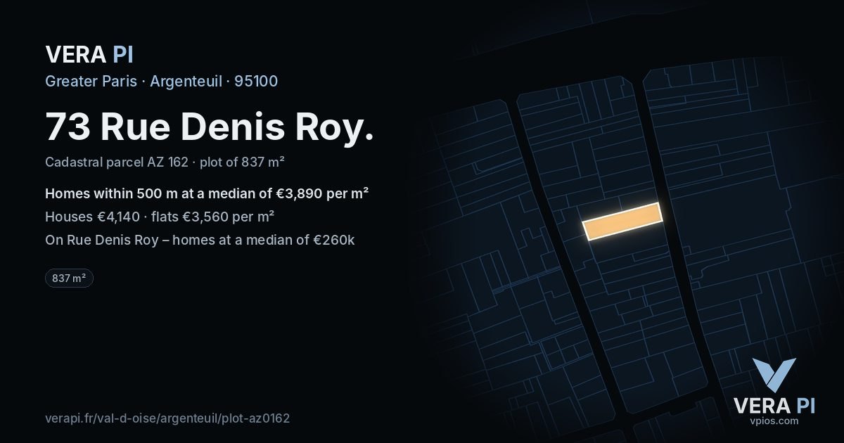 73 Rue Denis Roy, Argenteuil at night – the plot lit, the parcels around coloured by the prices near them