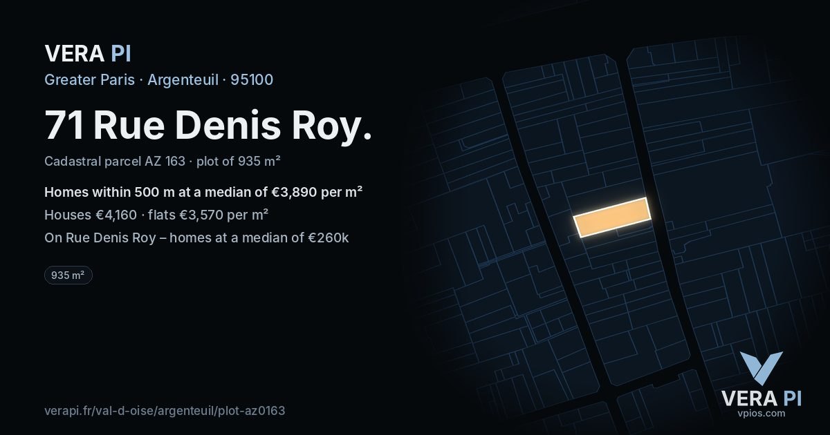 71 Rue Denis Roy, Argenteuil at night – the plot lit, the parcels around coloured by the prices near them