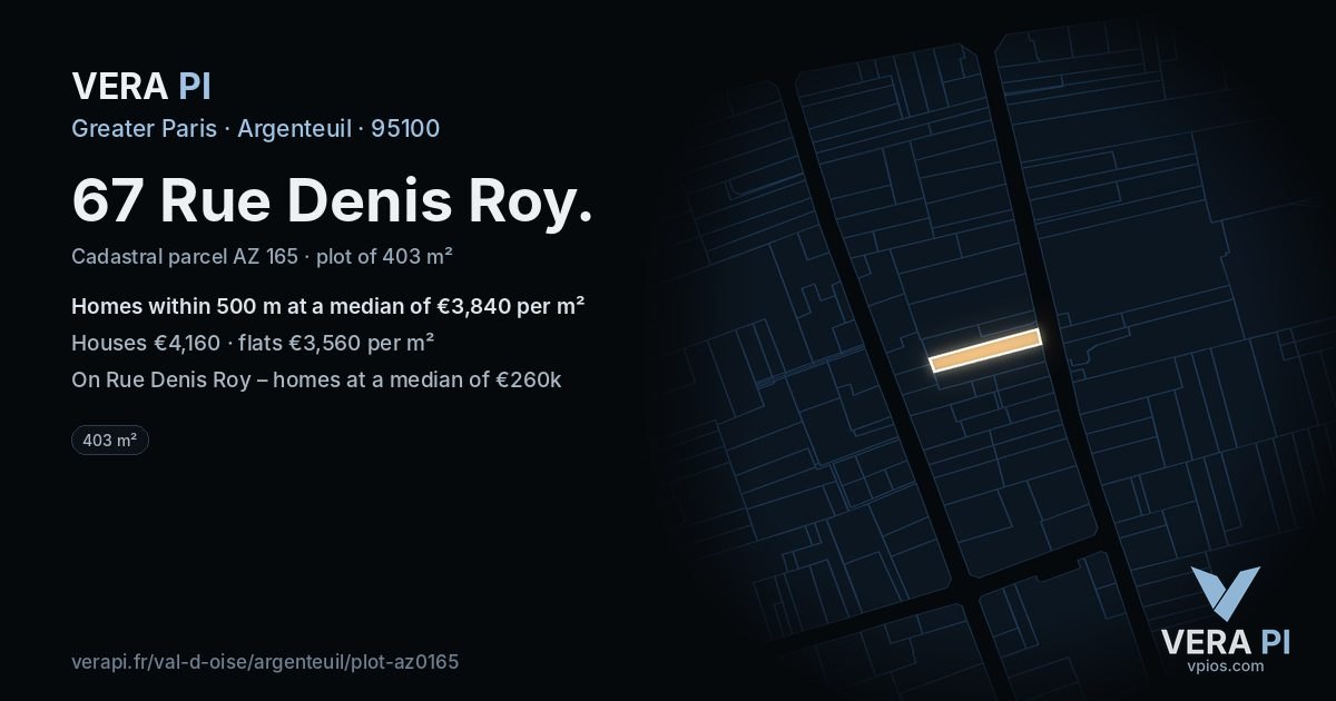 67 Rue Denis Roy, Argenteuil at night – the plot lit, the parcels around coloured by the prices near them