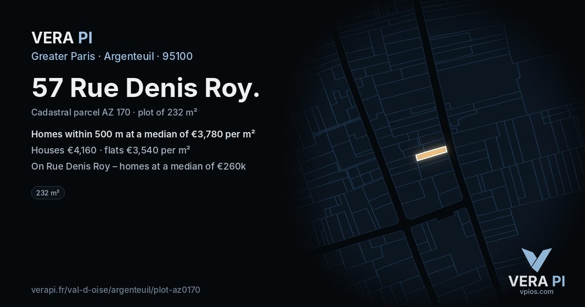 57 Rue Denis Roy, Argenteuil at night – the plot lit, the parcels around coloured by the prices near them