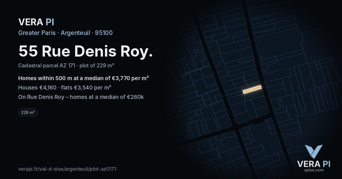 55 Rue Denis Roy, Argenteuil at night – the plot lit, the parcels around coloured by the prices near them