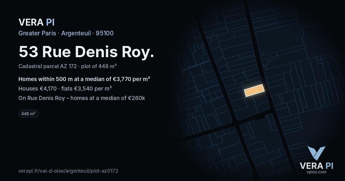 53 Rue Denis Roy, Argenteuil at night – the plot lit, the parcels around coloured by the prices near them