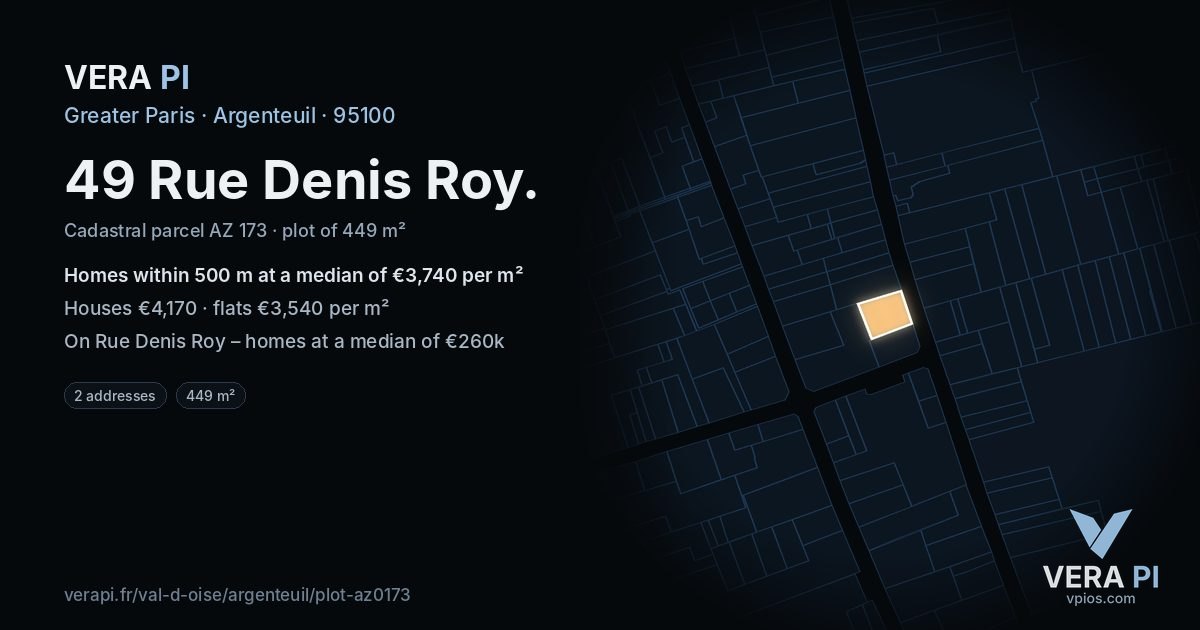 49 Rue Denis Roy, Argenteuil at night – the plot lit, the parcels around coloured by the prices near them