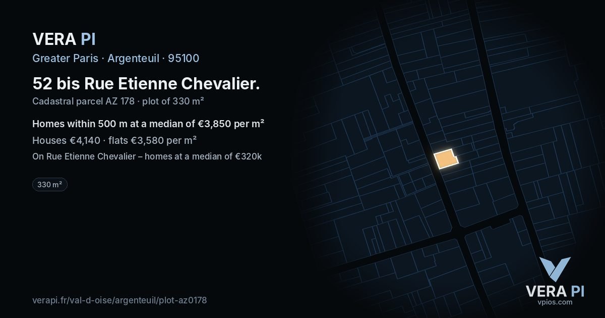 52 bis Rue Etienne Chevalier, Argenteuil at night – the plot lit, the parcels around coloured by the prices near them