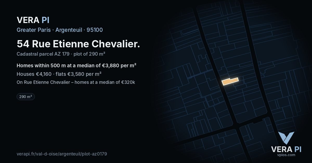 54 Rue Etienne Chevalier, Argenteuil at night – the plot lit, the parcels around coloured by the prices near them