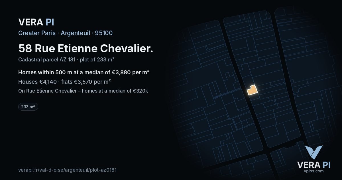 58 Rue Etienne Chevalier, Argenteuil at night – the plot lit, the parcels around coloured by the prices near them