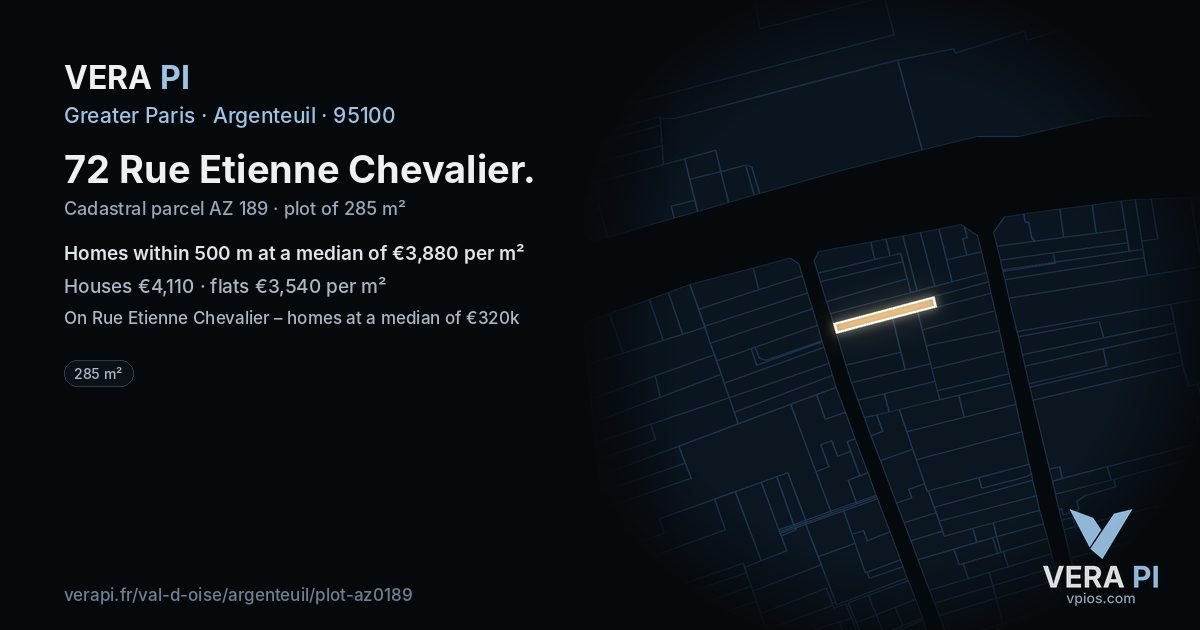 72 Rue Etienne Chevalier, Argenteuil at night – the plot lit, the parcels around coloured by the prices near them