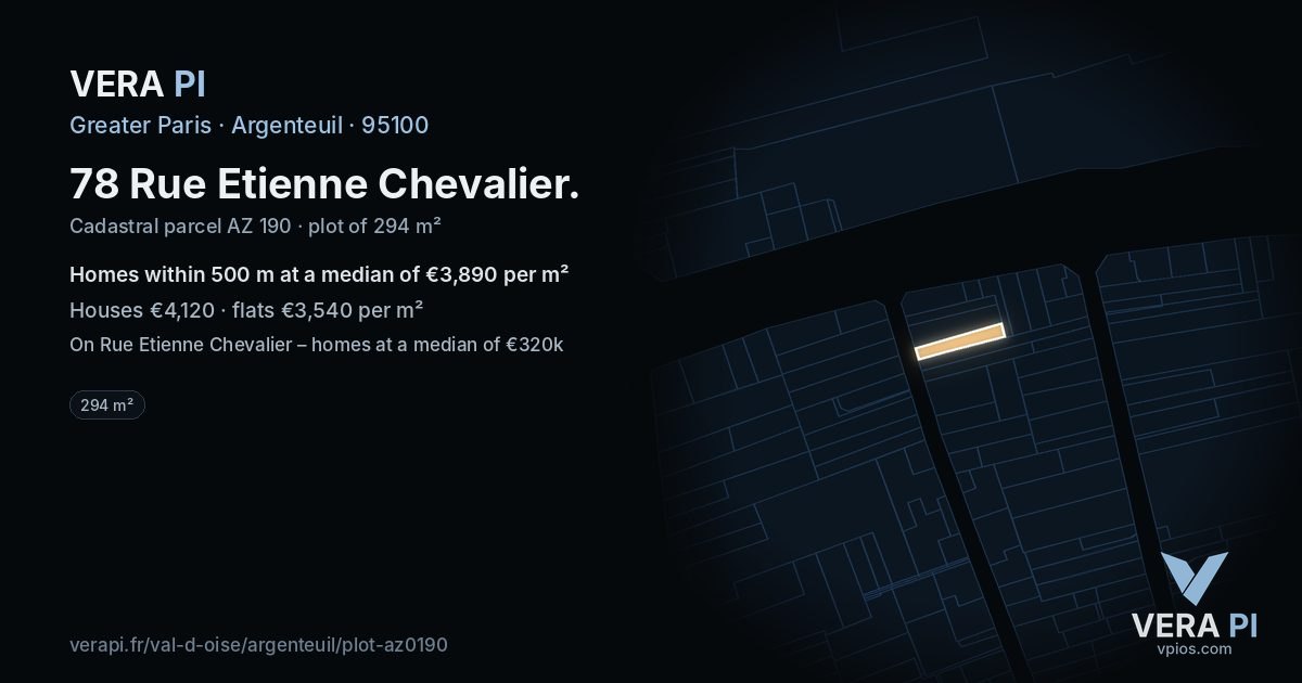 78 Rue Etienne Chevalier, Argenteuil at night – the plot lit, the parcels around coloured by the prices near them