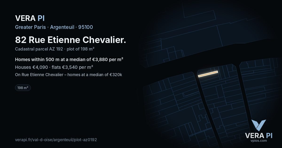 82 Rue Etienne Chevalier, Argenteuil at night – the plot lit, the parcels around coloured by the prices near them