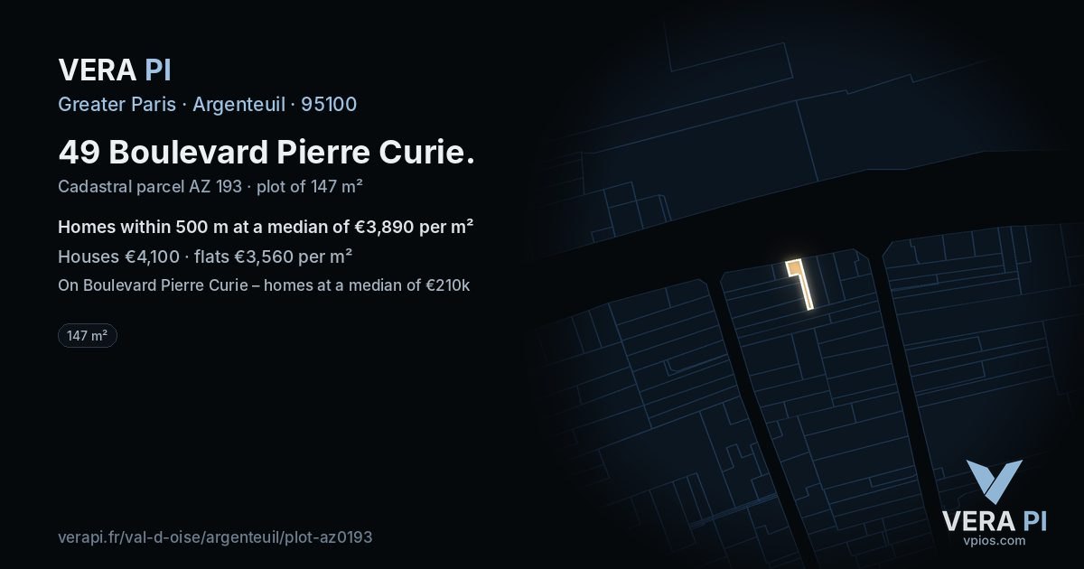 49 Boulevard Pierre Curie, Argenteuil at night – the plot lit, the parcels around coloured by the prices near them