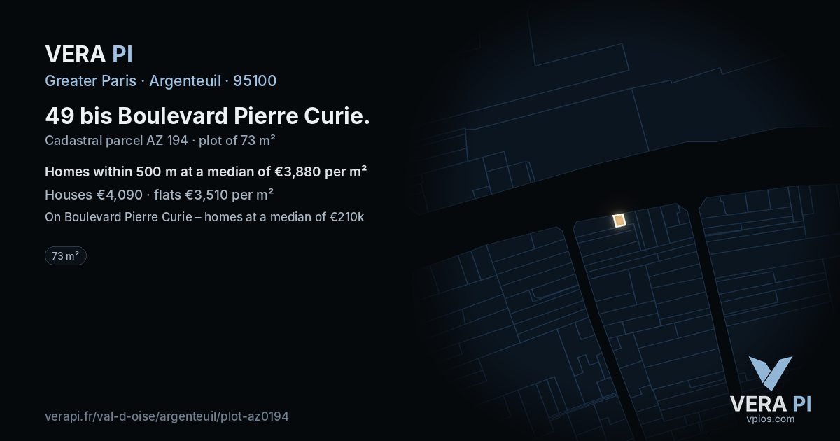 49 bis Boulevard Pierre Curie, Argenteuil at night – the plot lit, the parcels around coloured by the prices near them