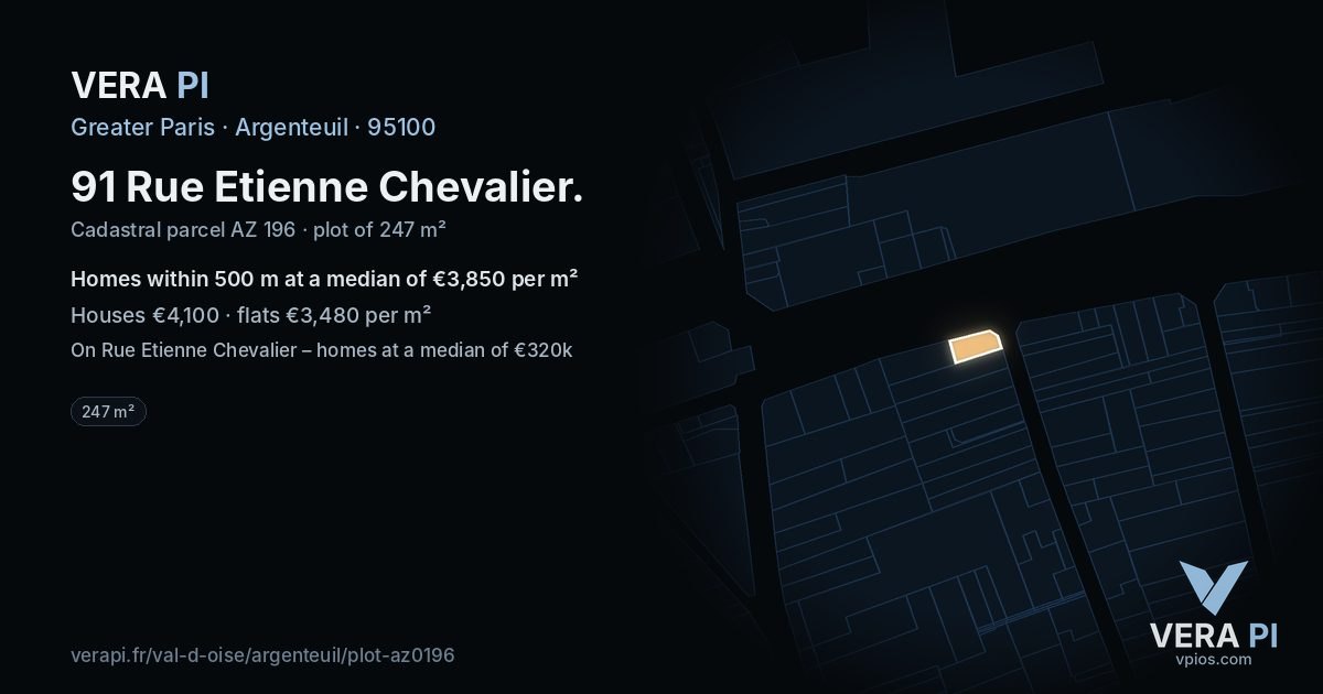 91 Rue Etienne Chevalier, Argenteuil at night – the plot lit, the parcels around coloured by the prices near them