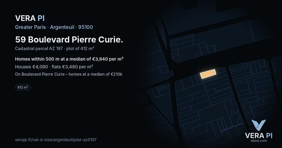 59 Boulevard Pierre Curie, Argenteuil at night – the plot lit, the parcels around coloured by the prices near them