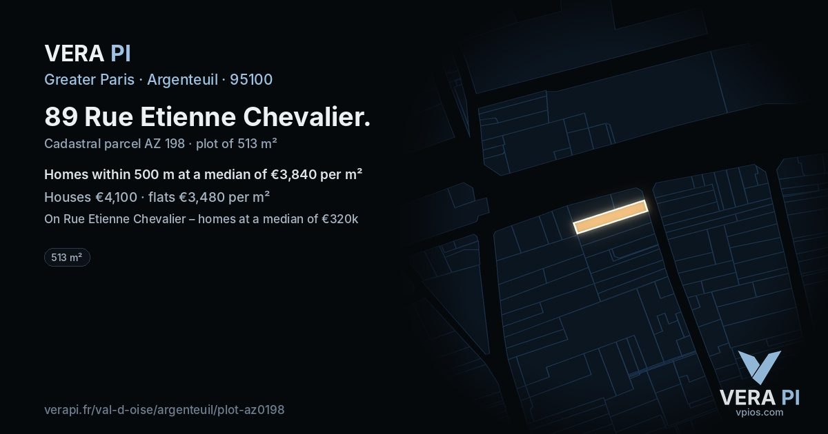 89 Rue Etienne Chevalier, Argenteuil at night – the plot lit, the parcels around coloured by the prices near them