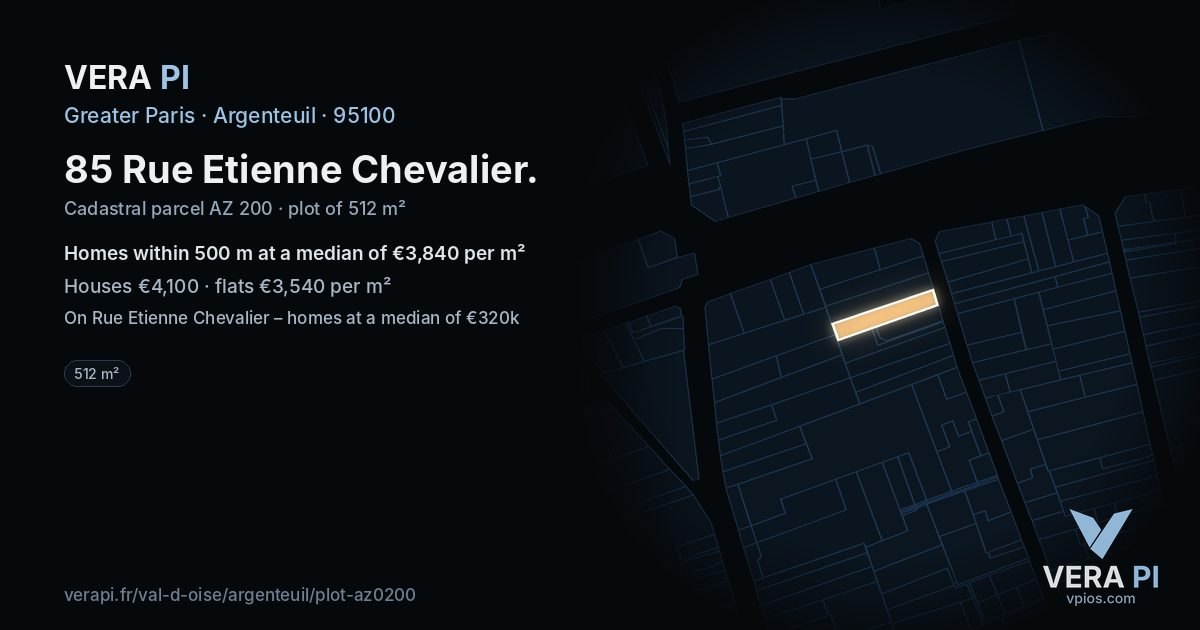 85 Rue Etienne Chevalier, Argenteuil at night – the plot lit, the parcels around coloured by the prices near them