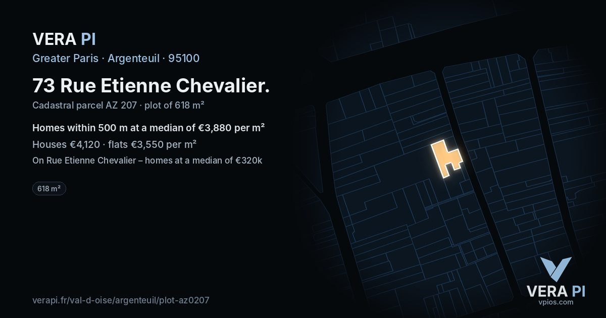 73 Rue Etienne Chevalier, Argenteuil at night – the plot lit, the parcels around coloured by the prices near them