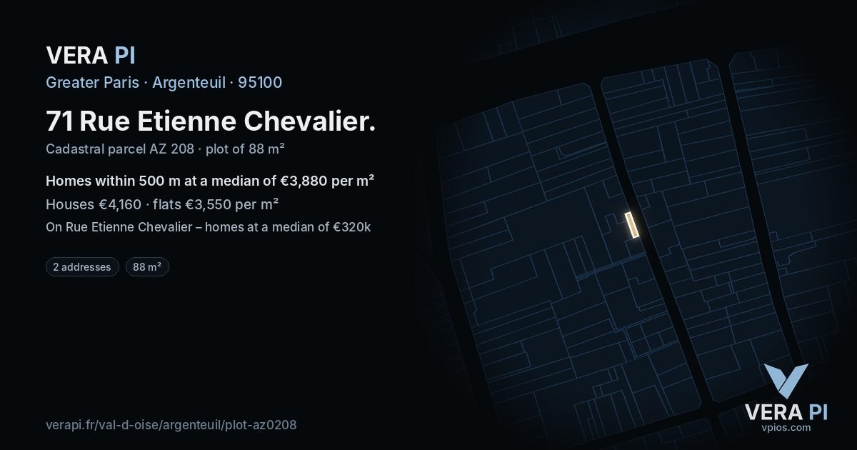 71 Rue Etienne Chevalier, Argenteuil at night – the plot lit, the parcels around coloured by the prices near them
