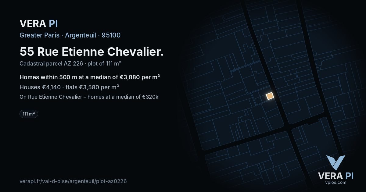 55 Rue Etienne Chevalier, Argenteuil at night – the plot lit, the parcels around coloured by the prices near them