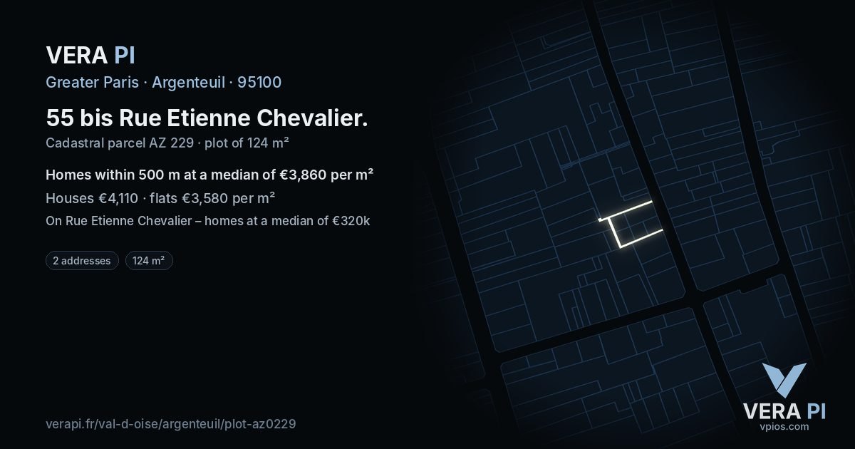 55 bis Rue Etienne Chevalier, Argenteuil at night – the plot lit, the parcels around coloured by the prices near them