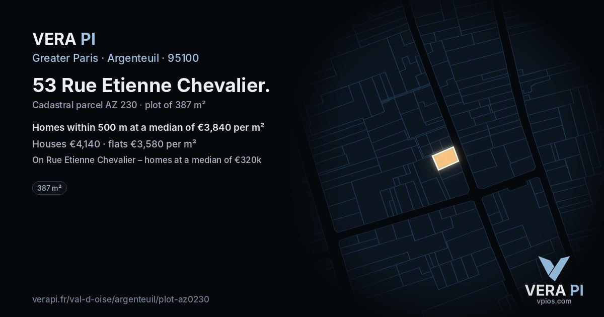 53 Rue Etienne Chevalier, Argenteuil at night – the plot lit, the parcels around coloured by the prices near them