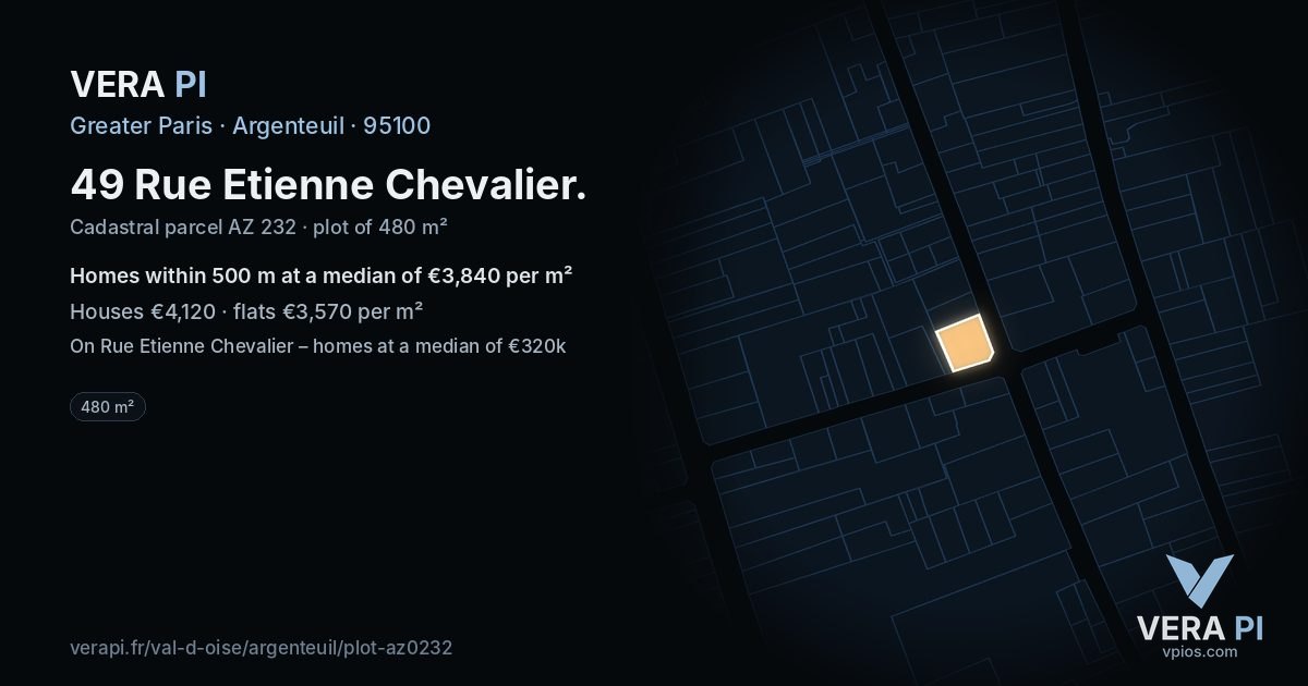 49 Rue Etienne Chevalier, Argenteuil at night – the plot lit, the parcels around coloured by the prices near them