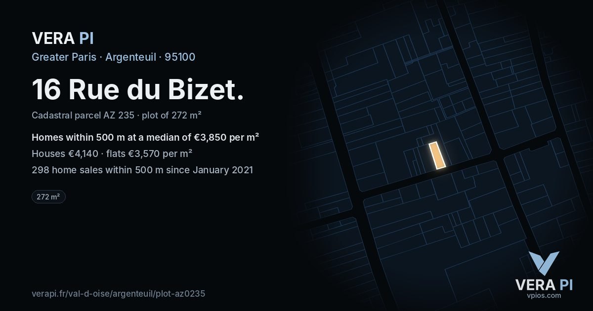 16 Rue du Bizet, Argenteuil at night – the plot lit, the parcels around coloured by the prices near them
