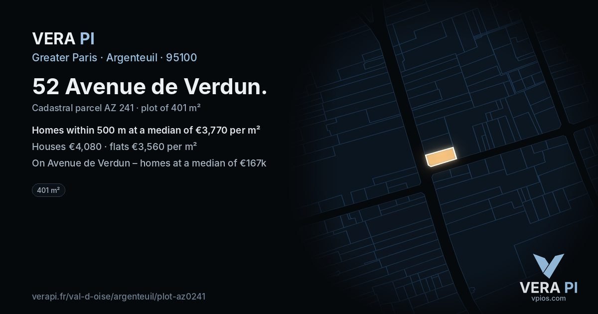 52 Avenue de Verdun, Argenteuil at night – the plot lit, the parcels around coloured by the prices near them